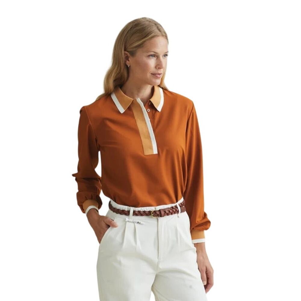 A. Putnam Women's Long Sleeve Polo Golf Shirt Terra Orange Stripe Size S